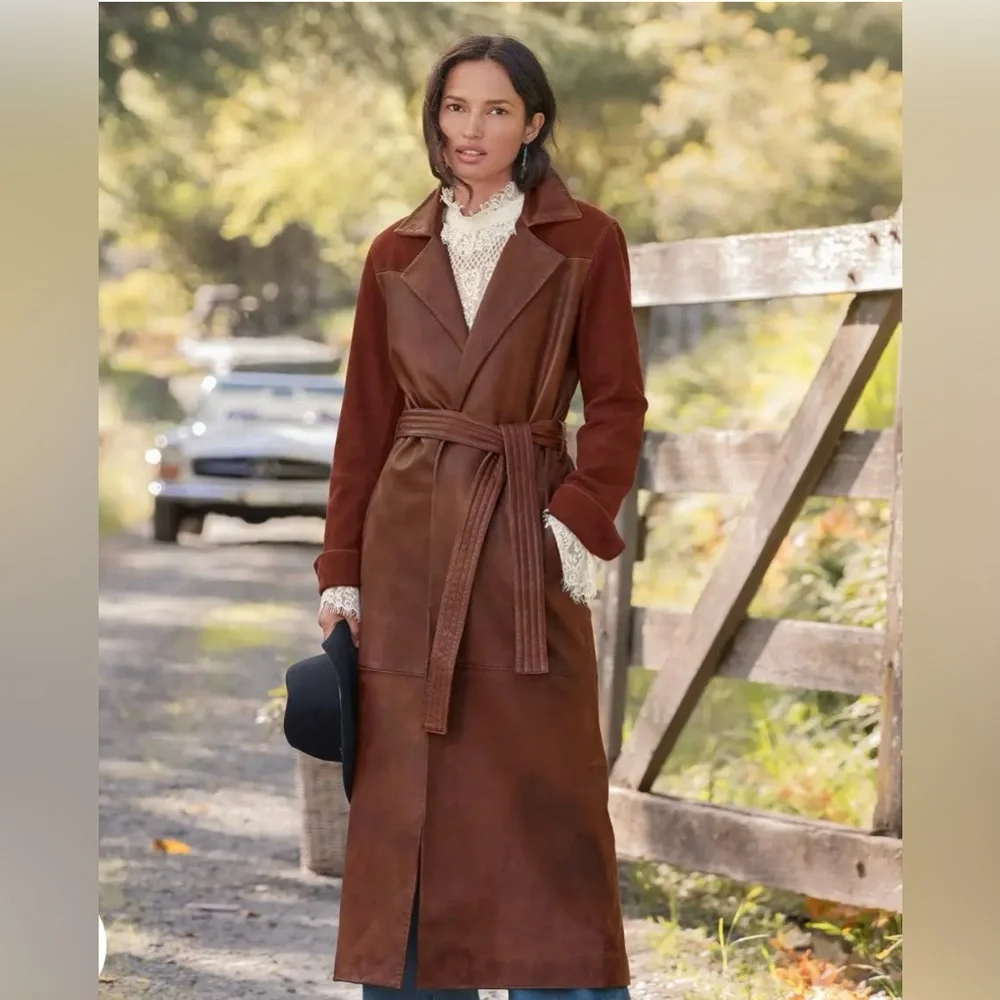 Sundance Rich Brown Leather Women's Trench Coat - Picture 1 of 3
